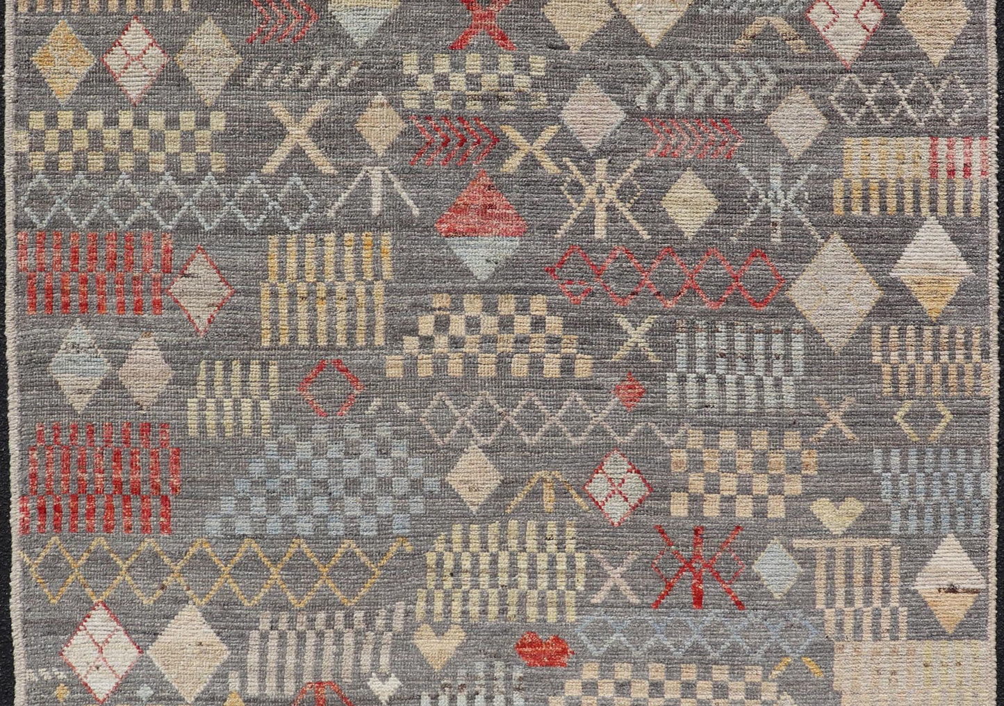Modern Hand - Knotted Tribal Rug in Wool with Sub - Geometric Design in Multicolor This modern casual tribal rug has been hand - knotted. The rug features a modern all - over sub - geometric design, replete with various motifs in multicolor, making this r... - Keivan Woven ArtsAFG - 39996 - 19400Rug