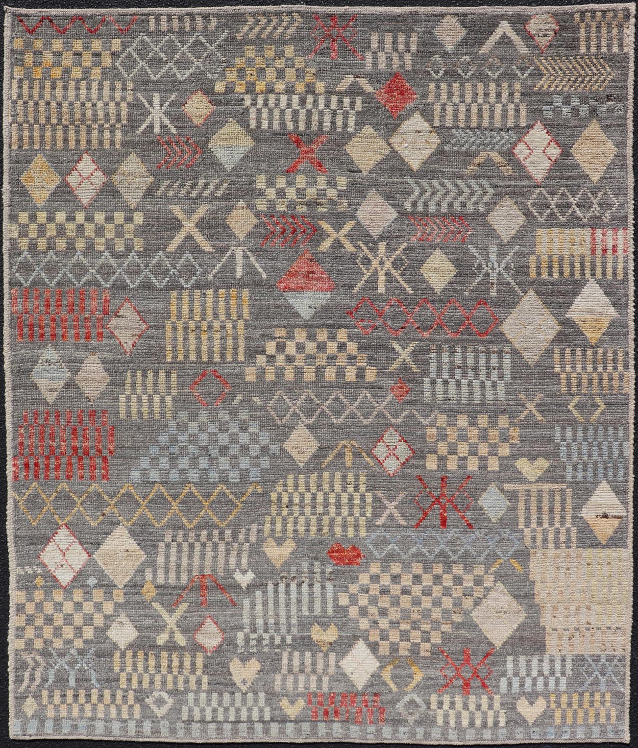 Modern Hand - Knotted Tribal Rug in Wool with Sub - Geometric Design in Multicolor This modern casual tribal rug has been hand - knotted. The rug features a modern all - over sub - geometric design, replete with various motifs in multicolor, making this r... - Keivan Woven ArtsAFG - 39996 - 19400Rug