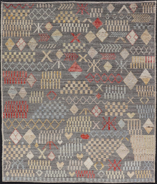 Modern Hand - Knotted Tribal Rug in Wool with Sub - Geometric Design in Multicolor This modern casual tribal rug has been hand - knotted. The rug features a modern all - over sub - geometric design, replete with various motifs in multicolor, making this r... - Keivan Woven ArtsAFG - 39996 - 19400Rug