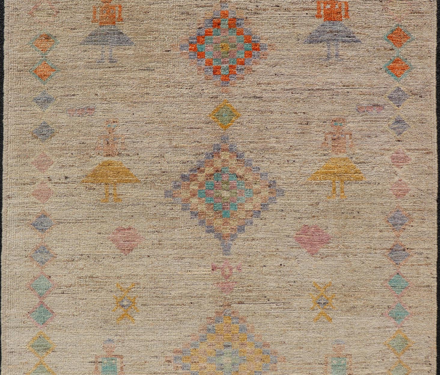 Modern Casual Woolen Tribal Hand - Knotted Rug with Sub - Geometric Design This modern casual tribal rug has been finely hand - knotted using superior wool. The rug features a modern sub - geometric design, replete with various motifs in multicolor, m... - Keivan Woven ArtsAFG - 39998 - 19406Rug