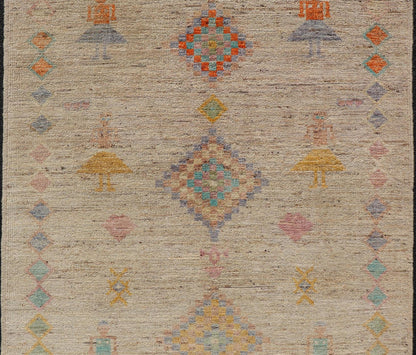 Modern Casual Woolen Tribal Hand - Knotted Rug with Sub - Geometric Design This modern casual tribal rug has been finely hand - knotted using superior wool. The rug features a modern sub - geometric design, replete with various motifs in multicolor, m... - Keivan Woven ArtsAFG - 39998 - 19406Rug