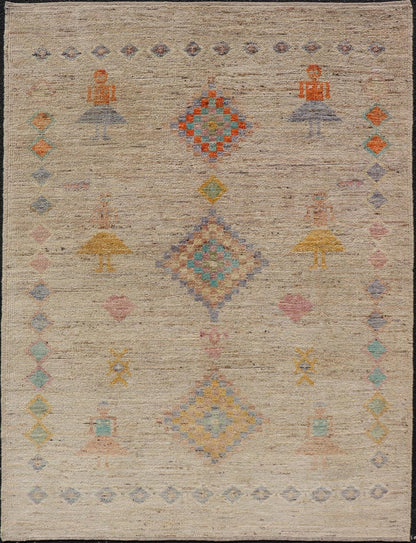 Modern Casual Woolen Tribal Hand - Knotted Rug with Sub - Geometric Design This modern casual tribal rug has been finely hand - knotted using superior wool. The rug features a modern sub - geometric design, replete with various motifs in multicolor, m... - Keivan Woven ArtsAFG - 39998 - 19406Rug