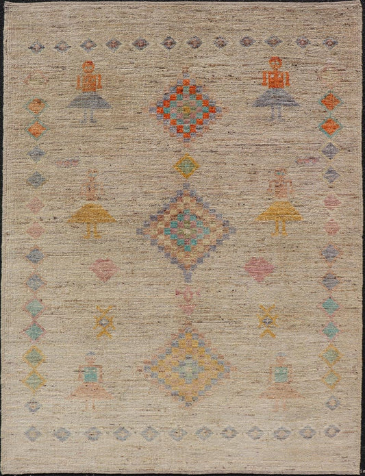 Modern Casual Woolen Tribal Hand - Knotted Rug with Sub - Geometric Design This modern casual tribal rug has been finely hand - knotted using superior wool. The rug features a modern sub - geometric design, replete with various motifs in multicolor, m... - Keivan Woven ArtsAFG - 39998 - 19406Rug