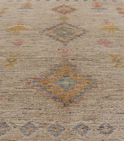 Modern Casual Woolen Tribal Hand - Knotted Rug with Sub - Geometric Design This modern casual tribal rug has been finely hand - knotted using superior wool. The rug features a modern sub - geometric design, replete with various motifs in multicolor, m... - Keivan Woven ArtsAFG - 39998 - 19406Rug