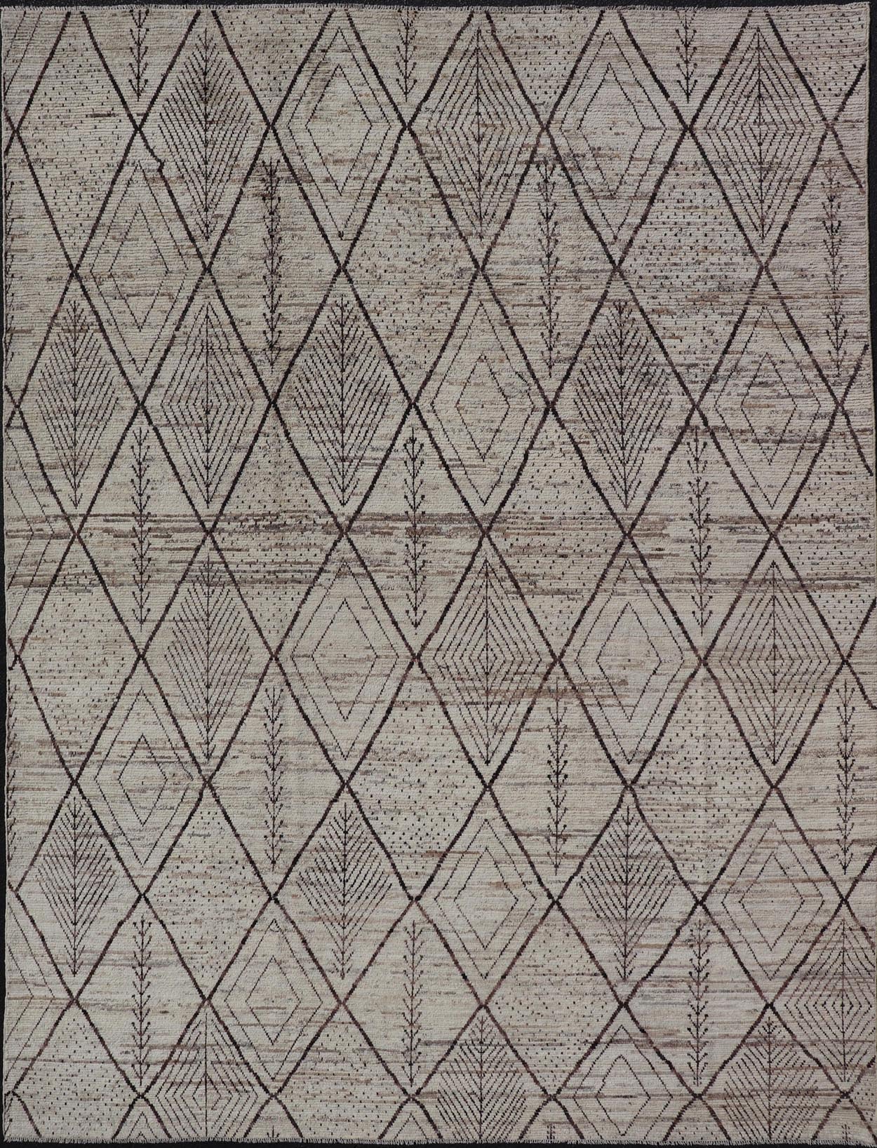 Large Modern Moroccan Hand - Knotted Rug w/ Tribal Diamond Design in Natural Tones This modern casual tribal rug has been hand - knotted. The rug features a modern sub - geometric diamond design, replete with various motifs within most diamonds; makin... - Keivan Woven ArtsAFG - 40803 - 19412Rug