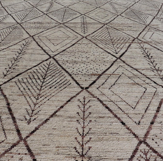 Large Modern Moroccan Hand - Knotted Rug w/ Tribal Diamond Design in Natural Tones This modern casual tribal rug has been hand - knotted. The rug features a modern sub - geometric diamond design, replete with various motifs within most diamonds; makin... - Keivan Woven ArtsAFG - 40803 - 19412