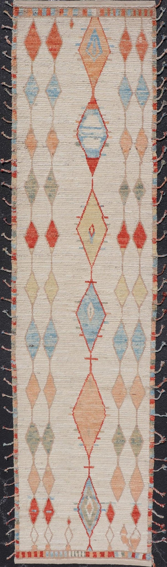 Hand - Knotted Tribal Moroccan Runner in Wool with Sub - Geometric Diamond Design This modern casual tribal runner has been hand - knotted in wool. The rug features a modern sub - geometric diamond design, rendered in multicolor and enclosed within a c... - Keivan Woven ArtsAFG - 40818 - 19610Rug