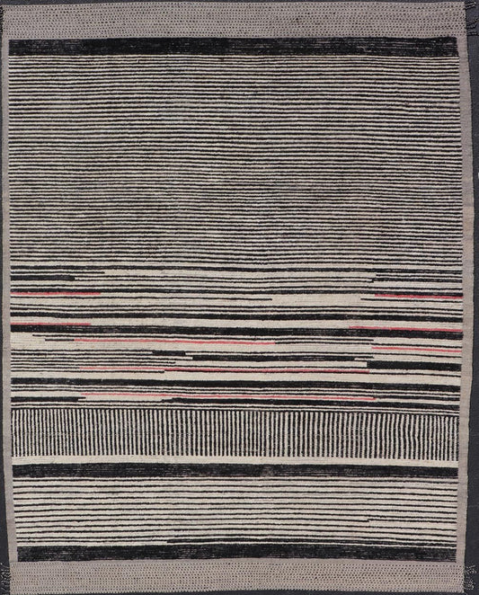 Modern Hand - Knotted Rug in Wool with Abstract Linear Design in Black & Ivory This modern casual tribal rug has been hand - knotted. The rug features a modern sub - geometric abstract linear design, rendered in black and ivory; making this rug a sup... - Keivan Woven ArtsAFG - 40854 - 19436