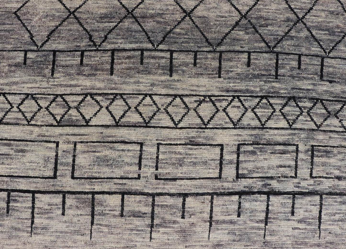 Modern Hand - Knotted Rug in Wool with Geometric Design in Black and Gray Tones This modern casual tribal rug has been hand - knotted. The rug features a modern geometric design, replete with various shapes rendered in black and gray tones; making t... - Keivan Woven ArtsAFG - 40857 - 19442Rug