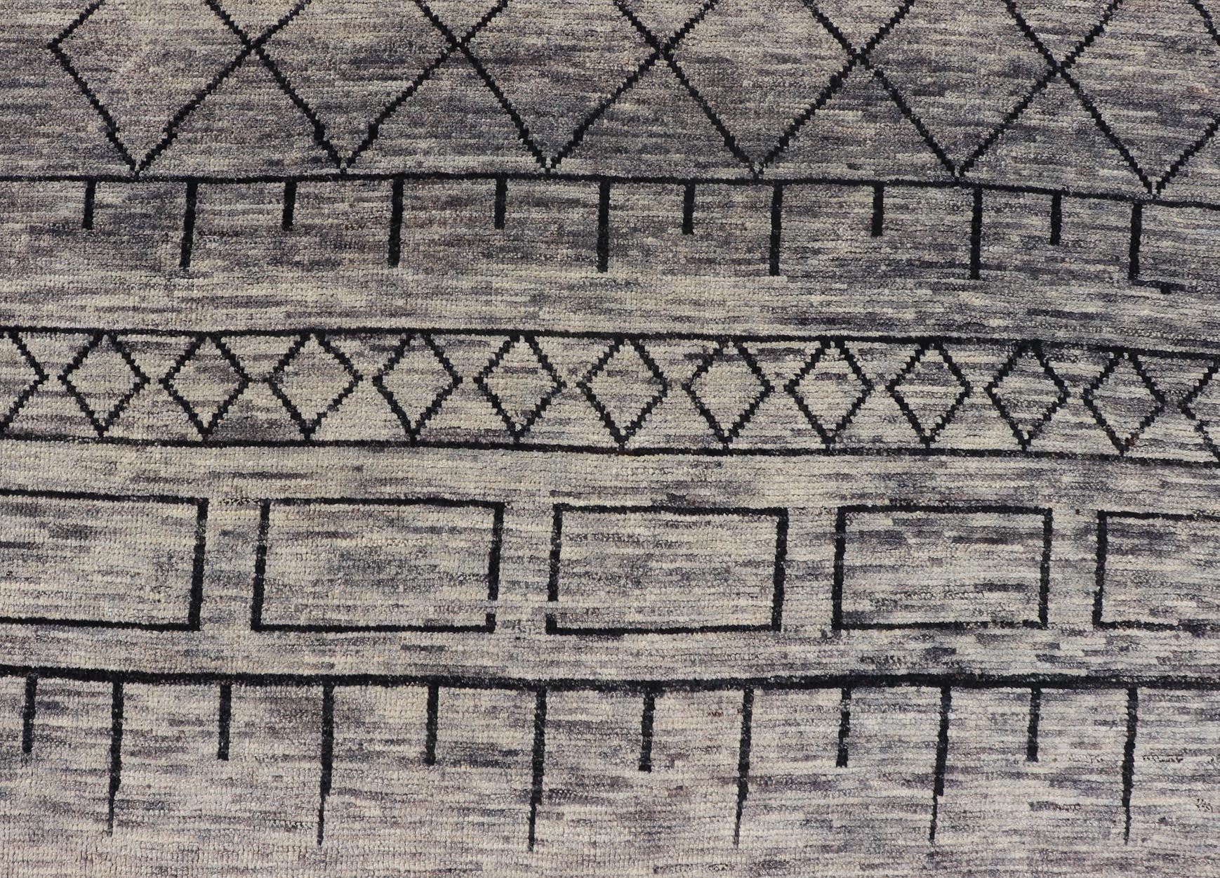 Modern Hand - Knotted Rug in Wool with Geometric Design in Black and Gray Tones This modern casual tribal rug has been hand - knotted. The rug features a modern geometric design, replete with various shapes rendered in black and gray tones; making t... - Keivan Woven ArtsAFG - 40857 - 19442Rug