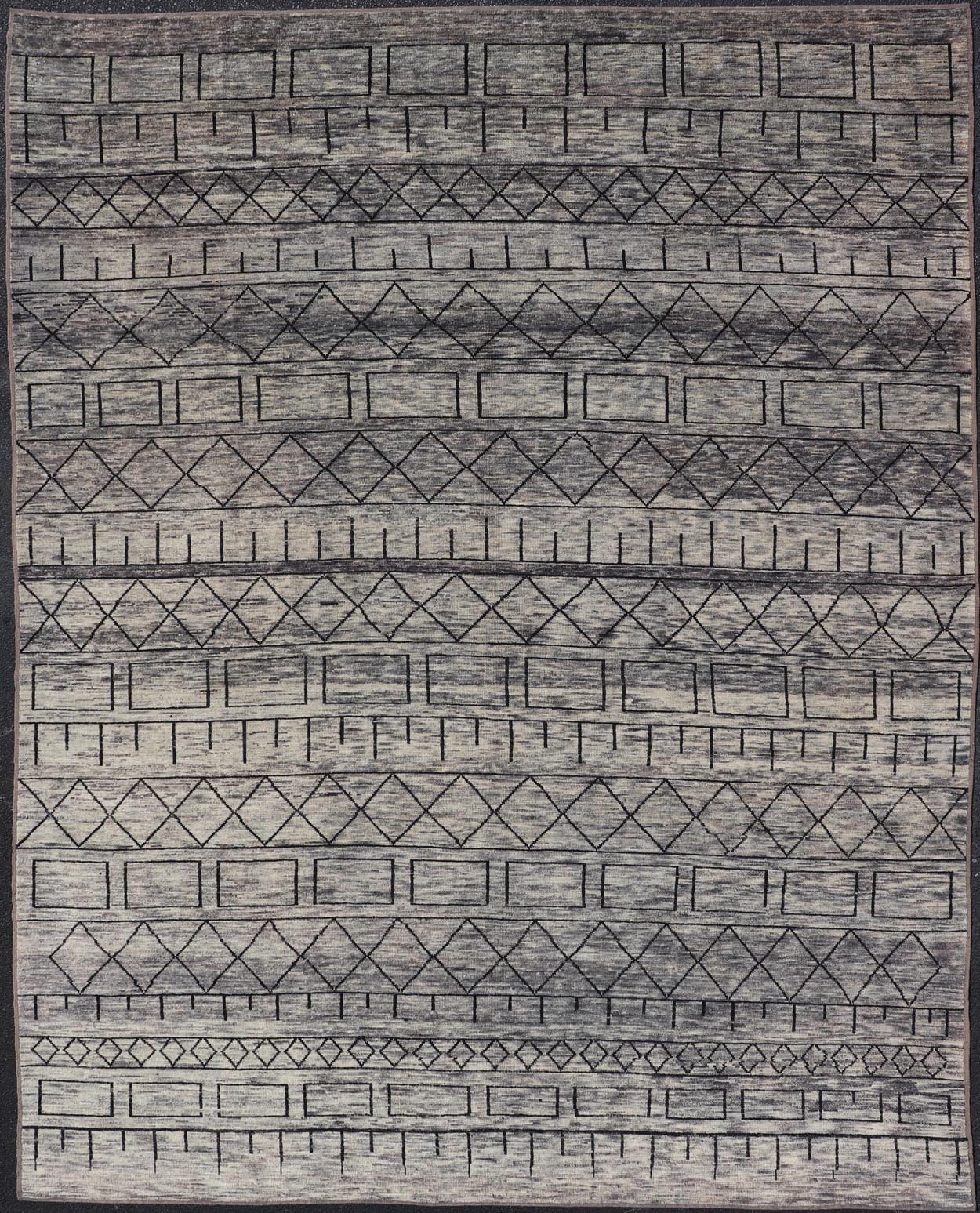 Modern Hand - Knotted Rug in Wool with Geometric Design in Black and Gray Tones This modern casual tribal rug has been hand - knotted. The rug features a modern geometric design, replete with various shapes rendered in black and gray tones; making t... - Keivan Woven ArtsAFG - 40857 - 19442Rug