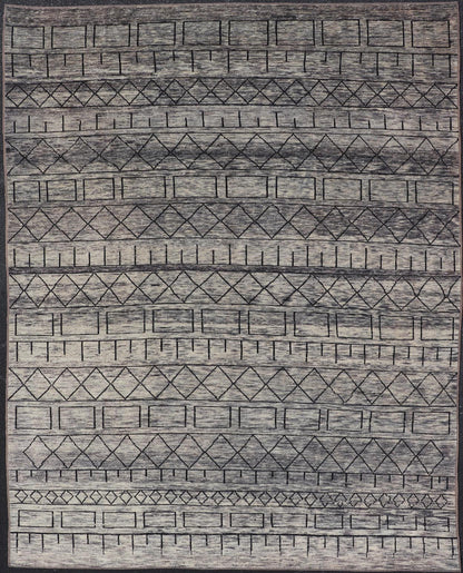 Modern Hand - Knotted Rug in Wool with Geometric Design in Black and Gray Tones This modern casual tribal rug has been hand - knotted. The rug features a modern geometric design, replete with various shapes rendered in black and gray tones; making t... - Keivan Woven ArtsAFG - 40857 - 19442Rug