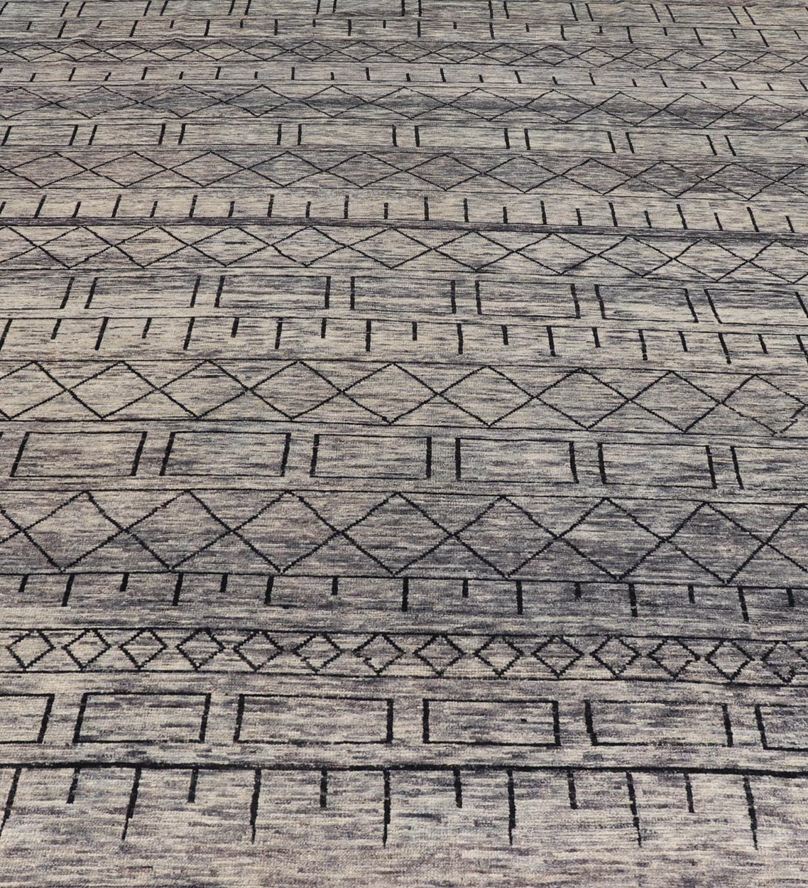 Modern Hand - Knotted Rug in Wool with Geometric Design in Black and Gray Tones This modern casual tribal rug has been hand - knotted. The rug features a modern geometric design, replete with various shapes rendered in black and gray tones; making t... - Keivan Woven ArtsAFG - 40857 - 19442Rug