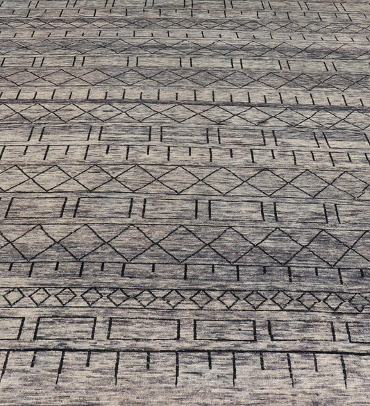 Modern Hand - Knotted Rug in Wool with Geometric Design in Black and Gray Tones This modern casual tribal rug has been hand - knotted. The rug features a modern geometric design, replete with various shapes rendered in black and gray tones; making t... - Keivan Woven ArtsAFG - 40857 - 19442Rug