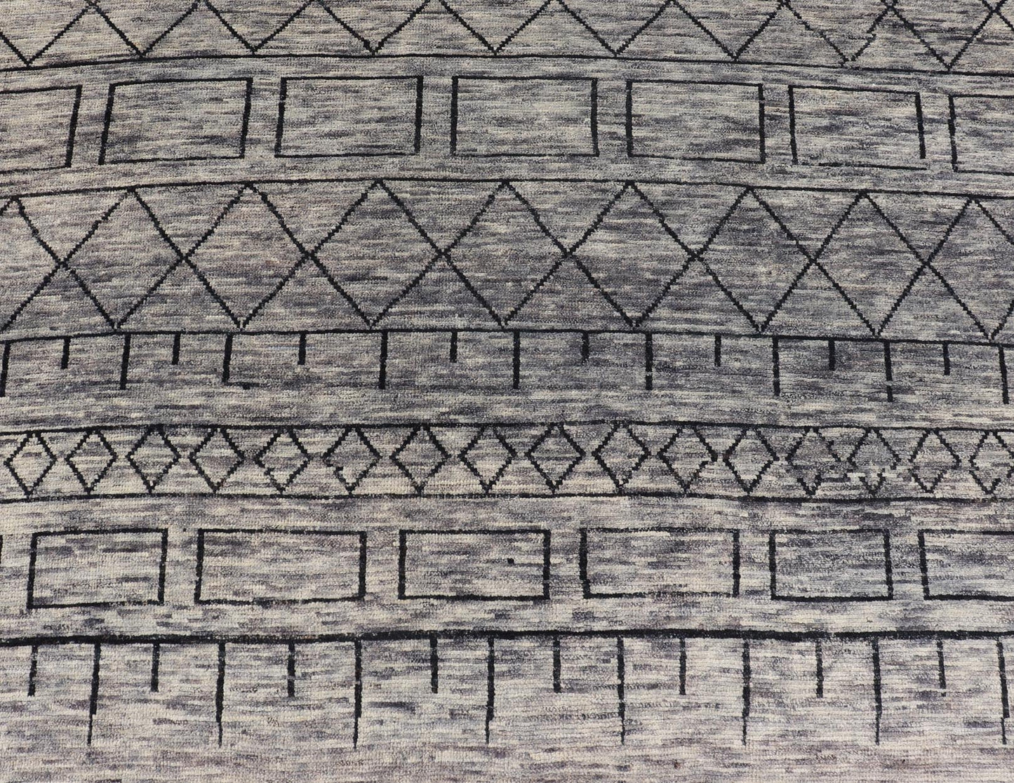 Modern Hand - Knotted Rug in Wool with Geometric Design in Black and Gray Tones This modern casual tribal rug has been hand - knotted. The rug features a modern geometric design, replete with various shapes rendered in black and gray tones; making t... - Keivan Woven ArtsAFG - 40857 - 19442Rug