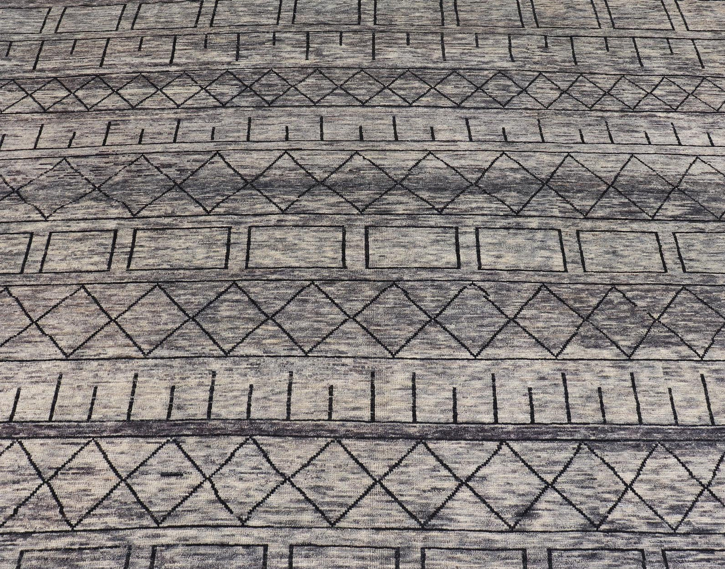 Modern Hand - Knotted Rug in Wool with Geometric Design in Black and Gray Tones This modern casual tribal rug has been hand - knotted. The rug features a modern geometric design, replete with various shapes rendered in black and gray tones; making t... - Keivan Woven ArtsAFG - 40857 - 19442Rug