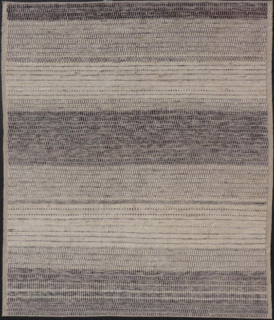 This modern casual tribal rug has been hand - knotted in wool. The rug features an all - over modern sub - geometric horizontal design, rendered in grays, brown, cream and neutral tones. Measures: 9'5 x 12'1. Modern casual tribal rug with sub - geometric... - Keivan Woven ArtsAFG - 40922 - 19622Rug