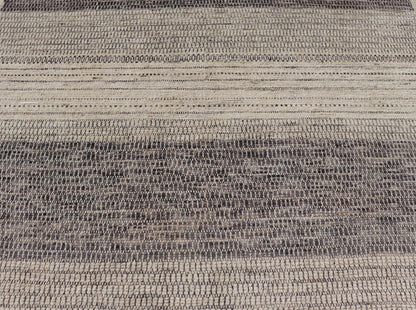 This modern casual tribal rug has been hand - knotted in wool. The rug features an all - over modern sub - geometric horizontal design, rendered in grays, brown, cream and neutral tones. Measures: 9'5 x 12'1. Modern casual tribal rug with sub - geometric... - Keivan Woven ArtsAFG - 40922 - 19622Rug