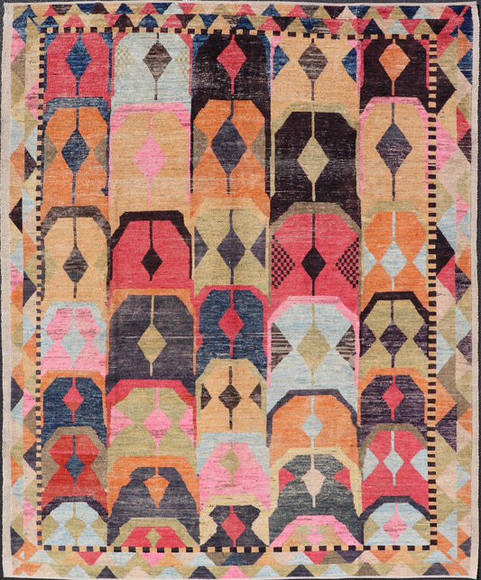 Multicolor Modern Rug in Art Deco Design, Keivan Woven Arts; rug AFG - 40933, country of origin / type: Afghanistan / Modern Casual, circa early - 21th century. Measures: 9'5 x 12'1. Modern Abstract Rug in Wool With Sub - Geometric Arts and Craft Desi... - Keivan Woven ArtsAFG - 40933 - 19628