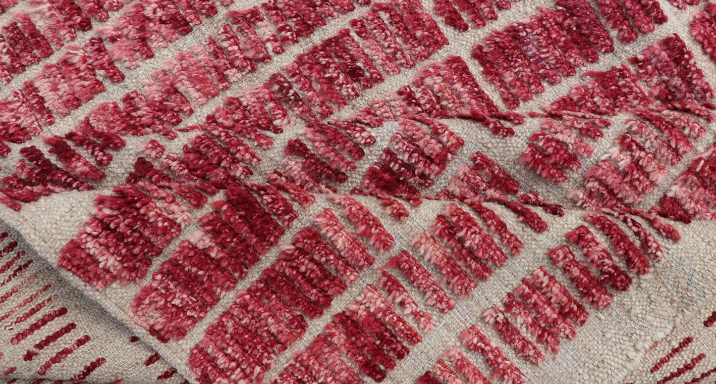 Modern Hand - Knotted Tribal Rug in Wool with Geometric Design in Raspberry - Red This modern casual tribal rug has been hand - knotted. The rug features a modern geometric linear design, replete with a raspberry - red hue; making this rug a superb fit... - Keivan Woven ArtsAFG - 40940 - 19832Rug
