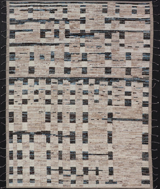 Modern Hand - Knotted Moroccan Rug in Wool with Sub - Geometric Design This modern casual tribal rug has been hand - knotted in wool. The rug features a modern sub - geometric modern design, rendered in blue, charcoal and earthy tones; making this rug a... - Keivan Woven ArtsAFG - 40965 - 19634Rug