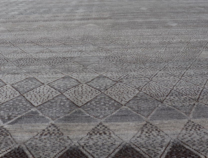 Very Large Modern Rug with Diamond Design in Gray, Taupe & Earth Tones, Keivan Woven Arts/ rug AFG - 41472, country of origin / type: Afghanistan / Modern Casual, circa Early - 21th Century. Measures: 18'3 x 26'6. This impressive rug with its... - Keivan Woven ArtsAFG - 41472 - 19526Rug