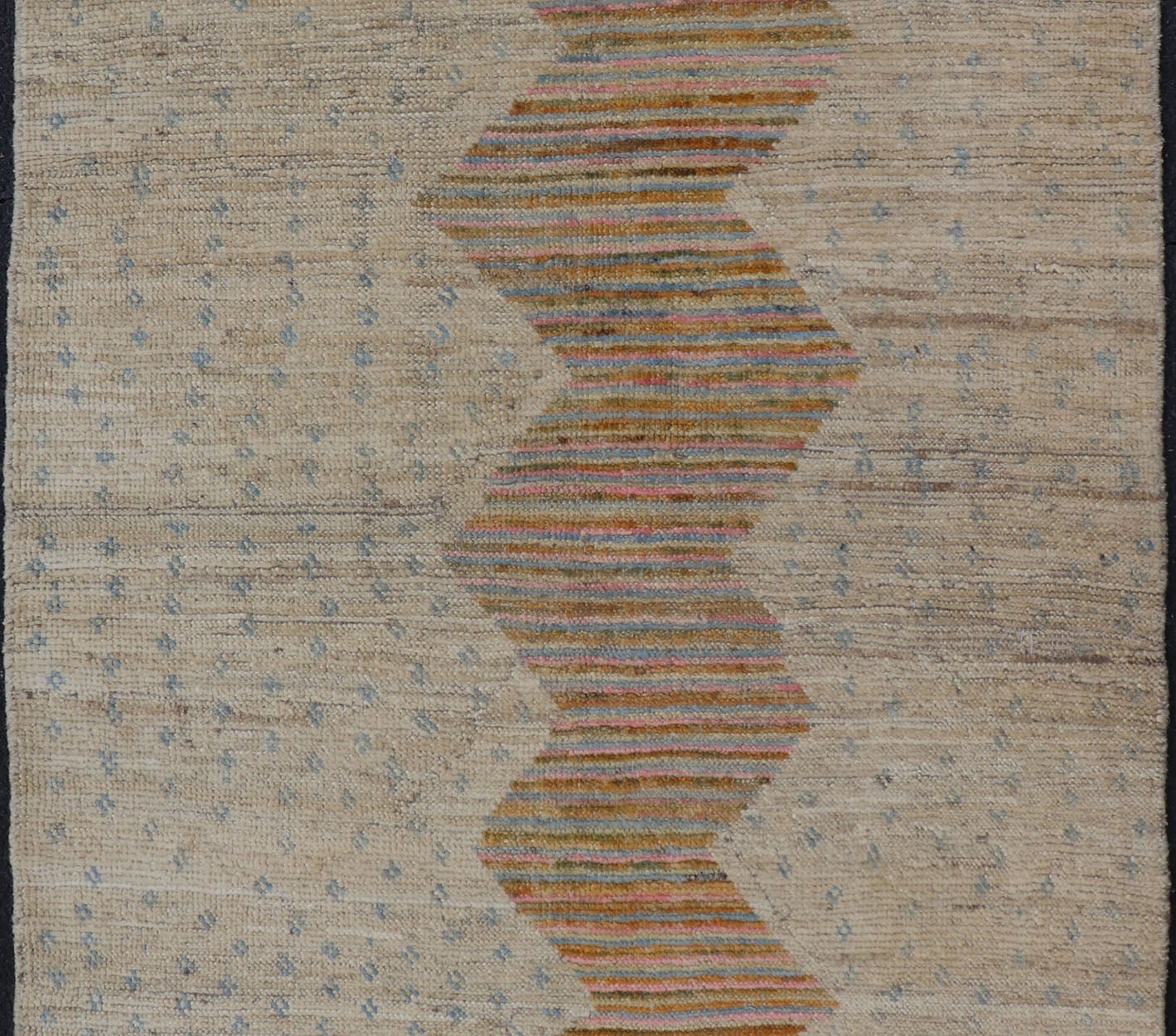 Afghan Modern Casual Hand - Woven in Sand, Mustard, Blue and Pink This contemporary piece displays a sandy background with little blue flecks. The design is a modern zig zag design through the face, opening up to a sandy taupe background and finel... - Keivan Woven ArtsAFG - 43423 - 20259Rug
