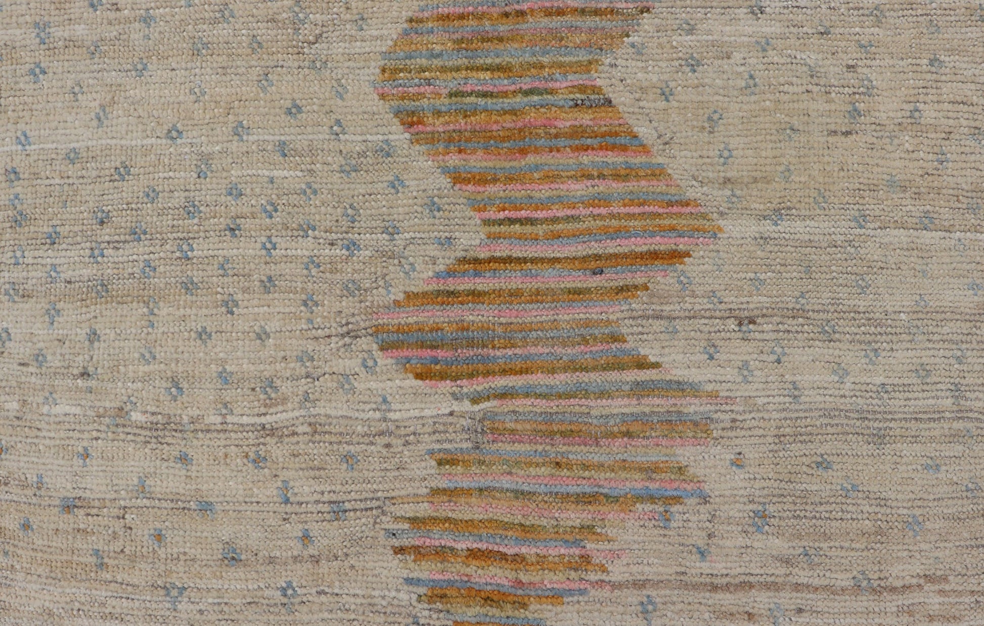 Afghan Modern Casual Hand - Woven in Sand, Mustard, Blue and Pink This contemporary piece displays a sandy background with little blue flecks. The design is a modern zig zag design through the face, opening up to a sandy taupe background and finel... - Keivan Woven ArtsAFG - 43423 - 20259Rug