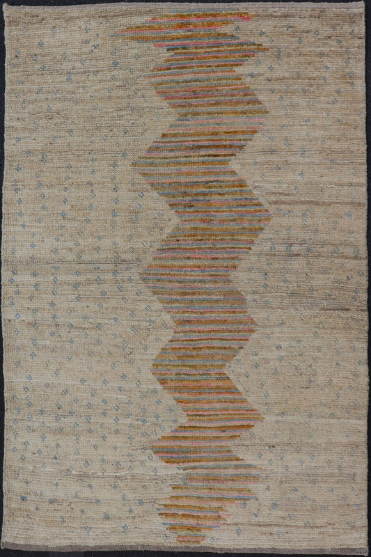 Afghan Modern Casual Hand - Woven in Sand, Mustard, Blue and Pink This contemporary piece displays a sandy background with little blue flecks. The design is a modern zig zag design through the face, opening up to a sandy taupe background and finel... - Keivan Woven ArtsAFG - 43423 - 20259
