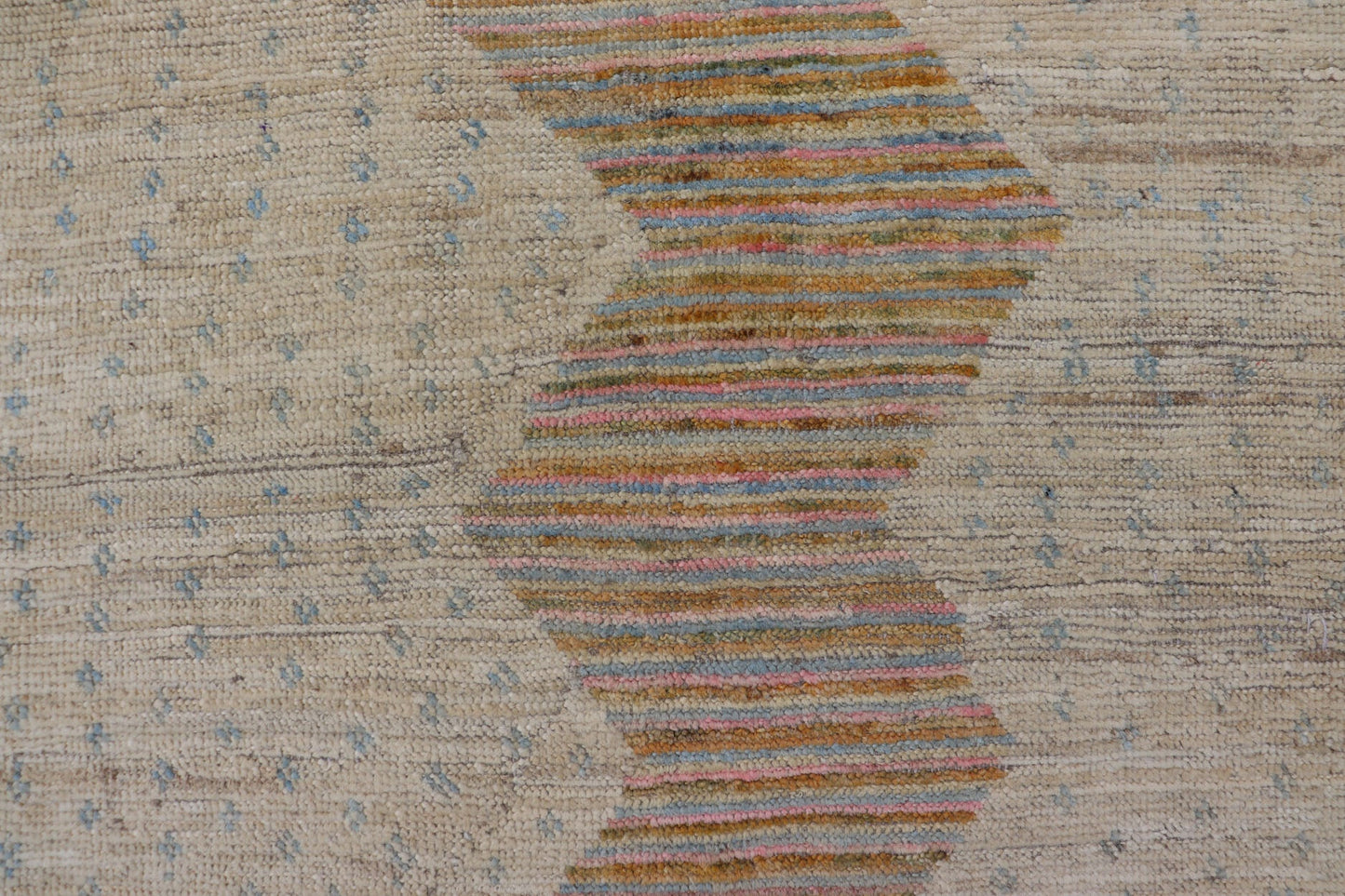 Afghan Modern Casual Hand - Woven in Sand, Mustard, Blue and Pink This contemporary piece displays a sandy background with little blue flecks. The design is a modern zig zag design through the face, opening up to a sandy taupe background and finel... - Keivan Woven ArtsAFG - 43423 - 20259Rug