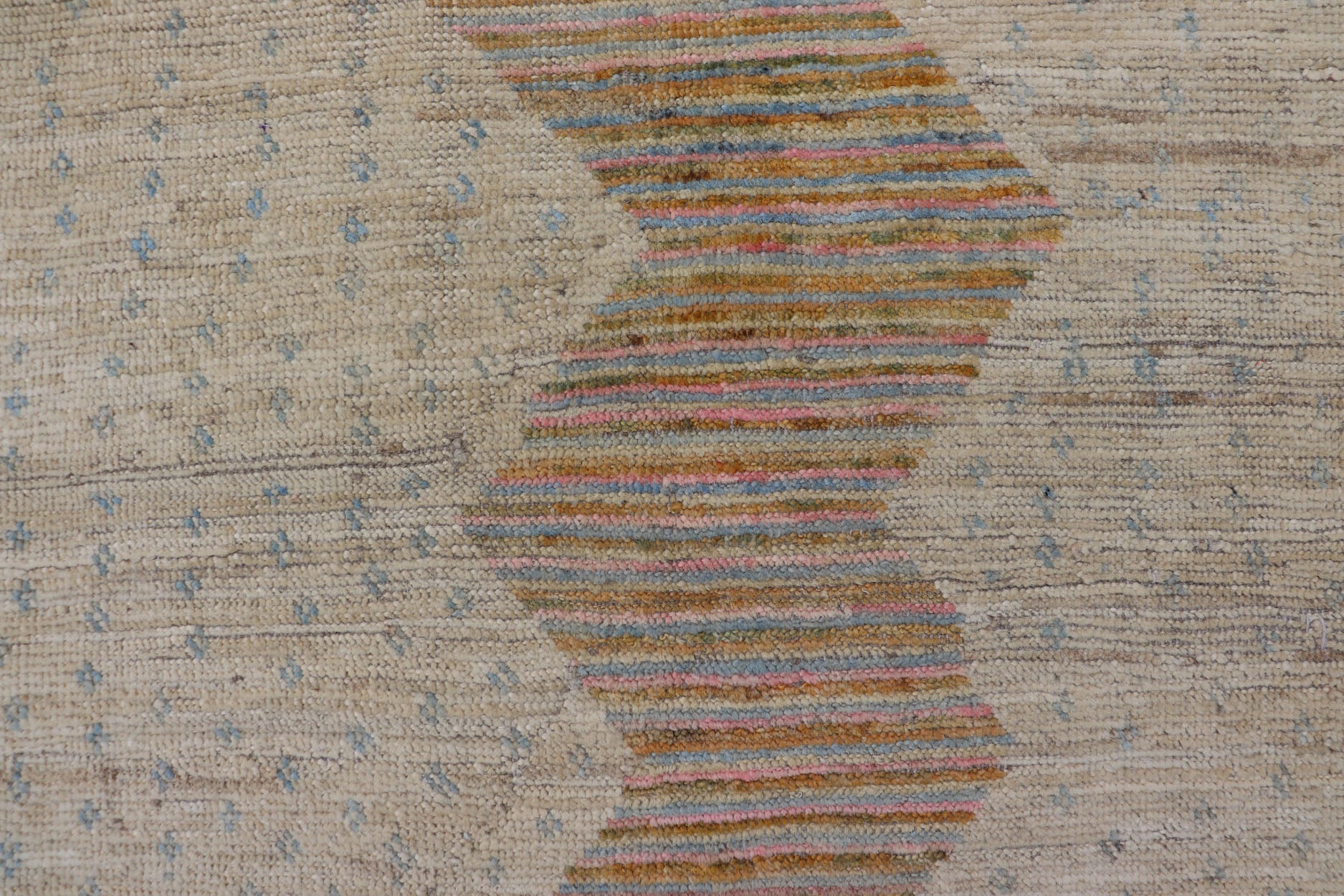 Afghan Modern Casual Hand - Woven in Sand, Mustard, Blue and Pink This contemporary piece displays a sandy background with little blue flecks. The design is a modern zig zag design through the face, opening up to a sandy taupe background and finel... - Keivan Woven ArtsAFG - 43423 - 20259Rug