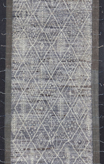Modern Casual Gallery Runner with Moroccan Diamond Pattern in Purple, gray, Lilac, Ivory & Brown This beautiful Moroccan gallery runner, from our Modern Casual collection, is rendered in a gray - , purple, lilac background, with an ivory diamond d... - Keivan Woven ArtsAFG - 43427 - 20175Rug