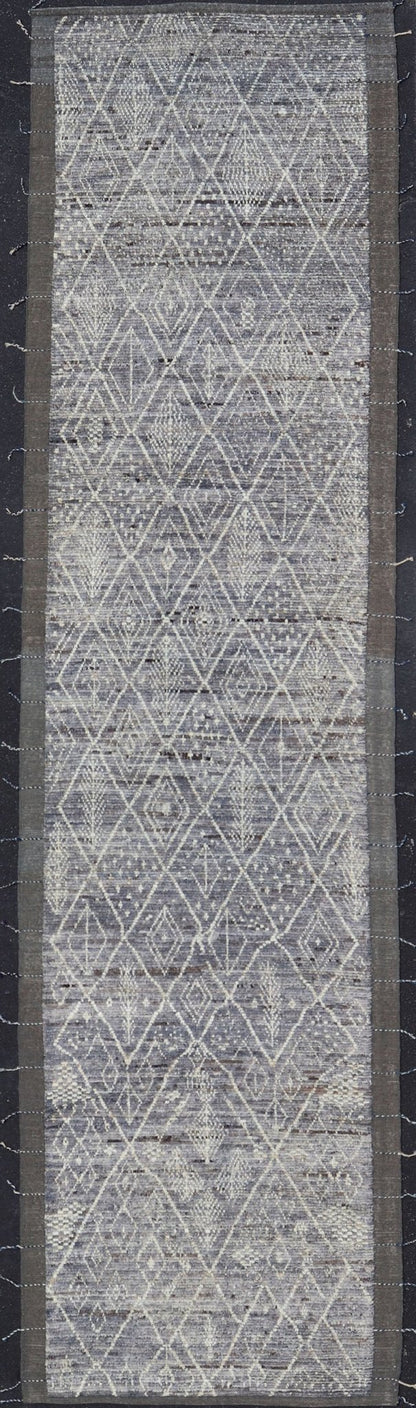 Modern Casual Gallery Runner with Moroccan Diamond Pattern in Purple, gray, Lilac, Ivory & Brown This beautiful Moroccan gallery runner, from our Modern Casual collection, is rendered in a gray - , purple, lilac background, with an ivory diamond d... - Keivan Woven ArtsAFG - 43427 - 20175Rug