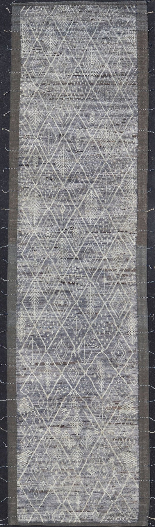 Modern Casual Gallery Runner with Moroccan Diamond Pattern in Purple, gray, Lilac, Ivory & Brown This beautiful Moroccan gallery runner, from our Modern Casual collection, is rendered in a gray - , purple, lilac background, with an ivory diamond d... - Keivan Woven ArtsAFG - 43427 - 20175Rug