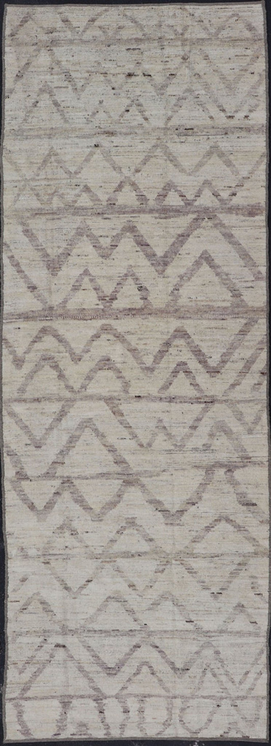 Afghan Modern Casual Chevron Runner in Light Cream and Dark Gray This quirky gallery runner features cream and light gray, with a chevron - like pattern skewing across the rug's width. Between the quiet coalescence of the shades of gray an... - Keivan Woven ArtsAFG - 43428 - 20181Rug