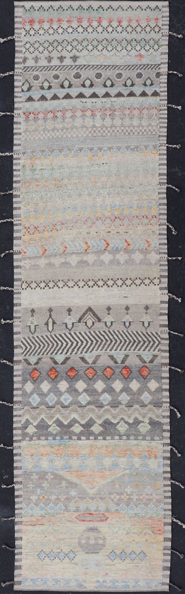 Modern Casual Afghan Gallery Runner in Pastels Hand - woven with wool in Afghanistan, this beautiful gallery piece features a modern yet tribal design in pastels such as coral, blue, jade, emerald, and pink. Bright vibrant red diamonds disturb... - Keivan Woven ArtsAFG - 43430 - 20193Rug