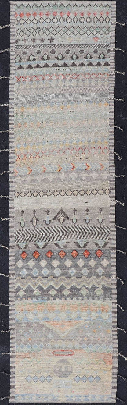 Modern Casual Afghan Gallery Runner in Pastels Hand - woven with wool in Afghanistan, this beautiful gallery piece features a modern yet tribal design in pastels such as coral, blue, jade, emerald, and pink. Bright vibrant red diamonds disturb... - Keivan Woven ArtsAFG - 43430 - 20193Rug