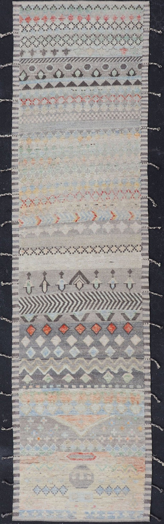 Modern Casual Afghan Gallery Runner in Pastels Hand - woven with wool in Afghanistan, this beautiful gallery piece features a modern yet tribal design in pastels such as coral, blue, jade, emerald, and pink. Bright vibrant red diamonds disturb... - Keivan Woven ArtsAFG - 43430 - 20193Rug