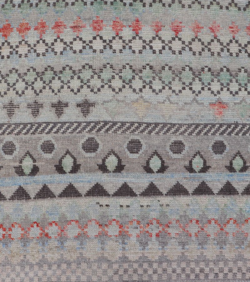 Modern Casual Afghan Gallery Runner in Pastels Hand - woven with wool in Afghanistan, this beautiful gallery piece features a modern yet tribal design in pastels such as coral, blue, jade, emerald, and pink. Bright vibrant red diamonds disturb... - Keivan Woven ArtsAFG - 43430 - 20193Rug