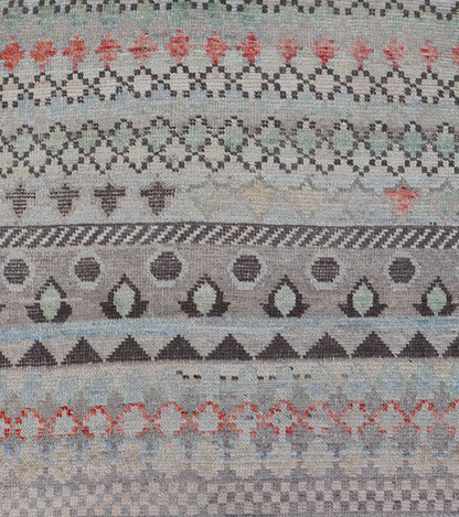 Modern Casual Afghan Gallery Runner in Pastels Hand - woven with wool in Afghanistan, this beautiful gallery piece features a modern yet tribal design in pastels such as coral, blue, jade, emerald, and pink. Bright vibrant red diamonds disturb... - Keivan Woven ArtsAFG - 43430 - 20193Rug