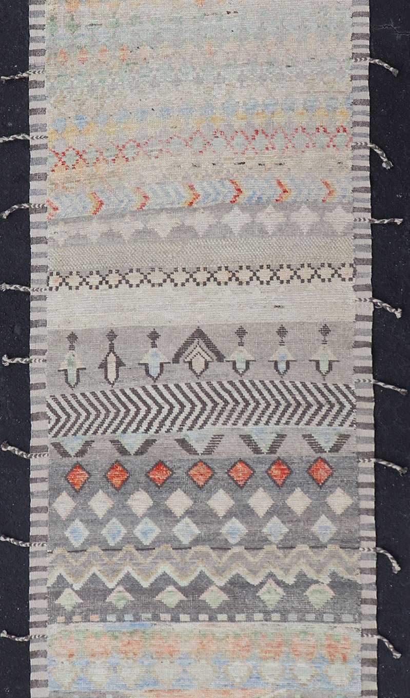Modern Casual Afghan Gallery Runner in Pastels Hand - woven with wool in Afghanistan, this beautiful gallery piece features a modern yet tribal design in pastels such as coral, blue, jade, emerald, and pink. Bright vibrant red diamonds disturb... - Keivan Woven ArtsAFG - 43430 - 20193Rug