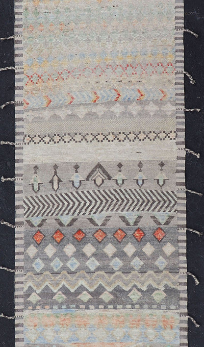 Modern Casual Afghan Gallery Runner in Pastels Hand - woven with wool in Afghanistan, this beautiful gallery piece features a modern yet tribal design in pastels such as coral, blue, jade, emerald, and pink. Bright vibrant red diamonds disturb... - Keivan Woven ArtsAFG - 43430 - 20193Rug