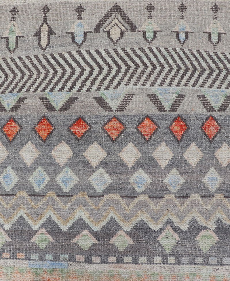Modern Casual Afghan Gallery Runner in Pastels Hand - woven with wool in Afghanistan, this beautiful gallery piece features a modern yet tribal design in pastels such as coral, blue, jade, emerald, and pink. Bright vibrant red diamonds disturb... - Keivan Woven ArtsAFG - 43430 - 20193Rug