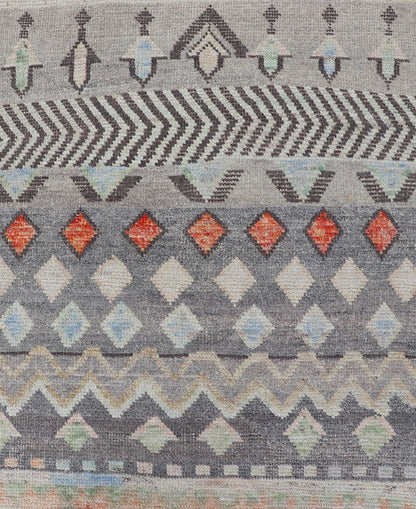 Modern Casual Afghan Gallery Runner in Pastels Hand - woven with wool in Afghanistan, this beautiful gallery piece features a modern yet tribal design in pastels such as coral, blue, jade, emerald, and pink. Bright vibrant red diamonds disturb... - Keivan Woven ArtsAFG - 43430 - 20193Rug