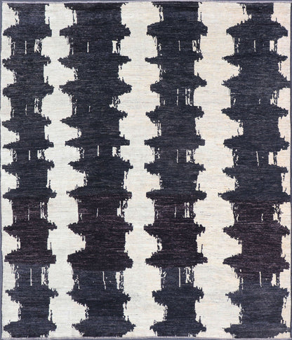 Measures 9'6 x 12'1 This modern casual Afghan rug has a minimalistic design of vertical motifs paneled asymmetrically in black and white. This piece has been hand - knotted with a piled texture, giving the foundation durability. Modern Afg... - Keivan Woven ArtsAFG - 43433 - 20199Rug