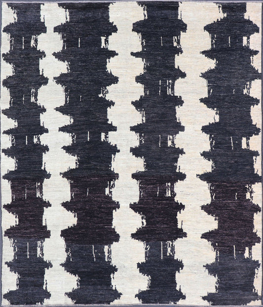Measures 9'6 x 12'1 This modern casual Afghan rug has a minimalistic design of vertical motifs paneled asymmetrically in black and white. This piece has been hand - knotted with a piled texture, giving the foundation durability. Modern Afg... - Keivan Woven ArtsAFG - 43433 - 20199Rug