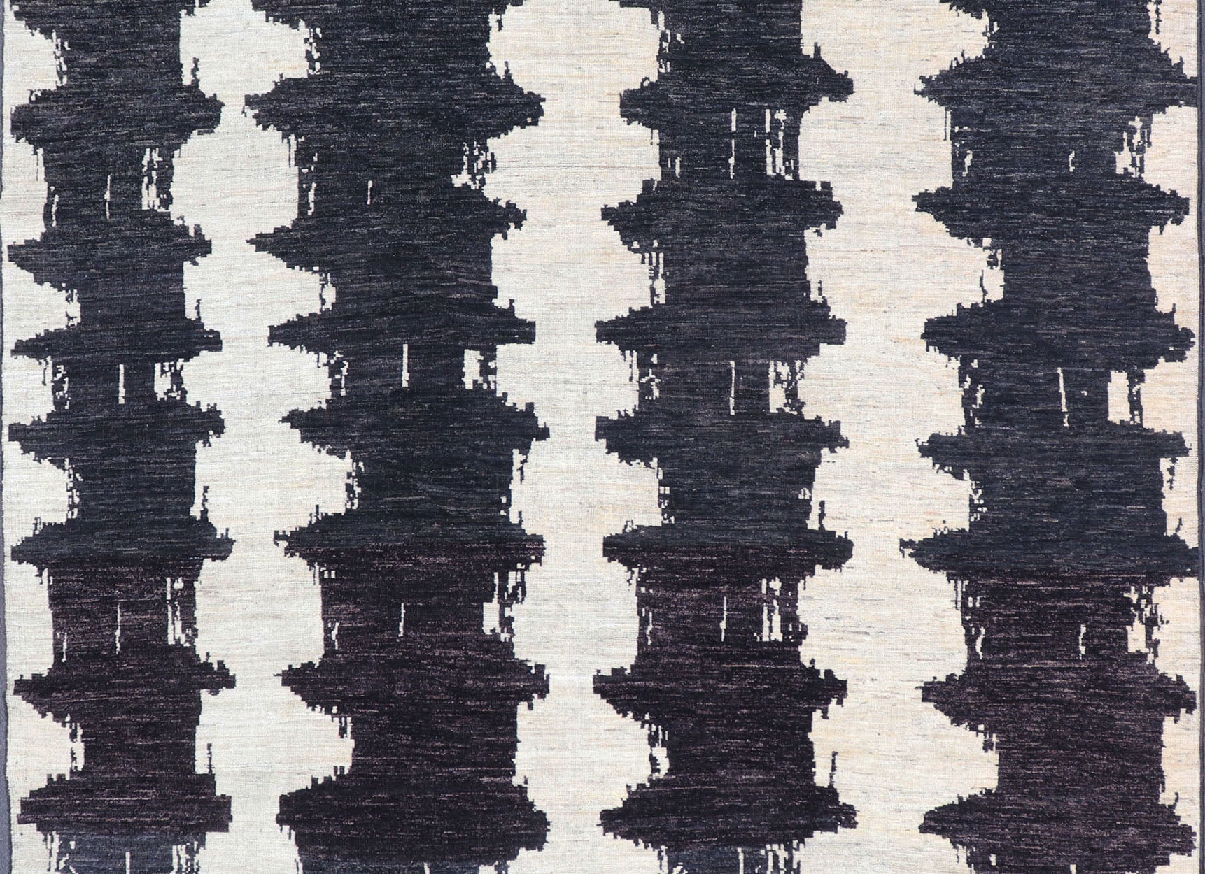 Measures 9'6 x 12'1 This modern casual Afghan rug has a minimalistic design of vertical motifs paneled asymmetrically in black and white. This piece has been hand - knotted with a piled texture, giving the foundation durability. Modern Afg... - Keivan Woven ArtsAFG - 43433 - 20199Rug