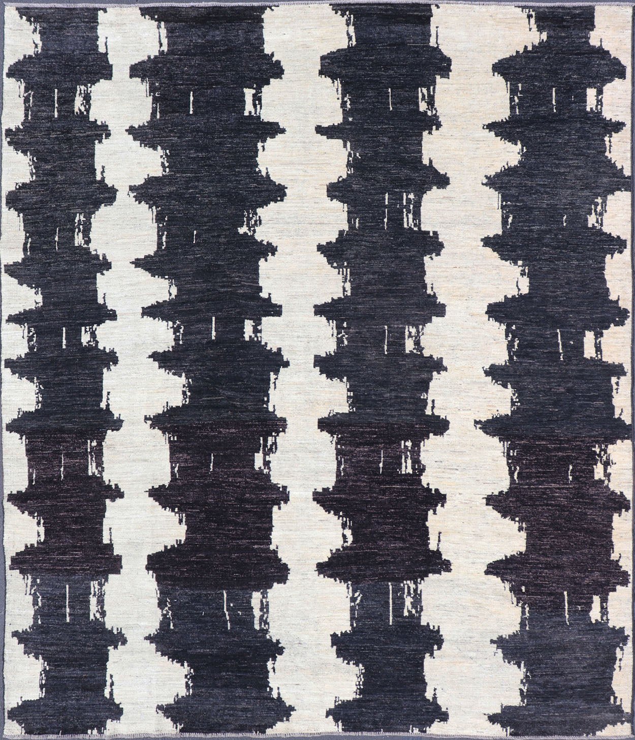 Measures 9'6 x 12'1 This modern casual Afghan rug has a minimalistic design of vertical motifs paneled asymmetrically in black and white. This piece has been hand - knotted with a piled texture, giving the foundation durability. Modern Afg... - Keivan Woven ArtsAFG - 43433 - 20199