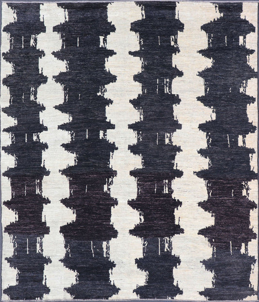 Measures 9'6 x 12'1 This modern casual Afghan rug has a minimalistic design of vertical motifs paneled asymmetrically in black and white. This piece has been hand - knotted with a piled texture, giving the foundation durability. Modern Afg... - Keivan Woven ArtsAFG - 43433 - 20199