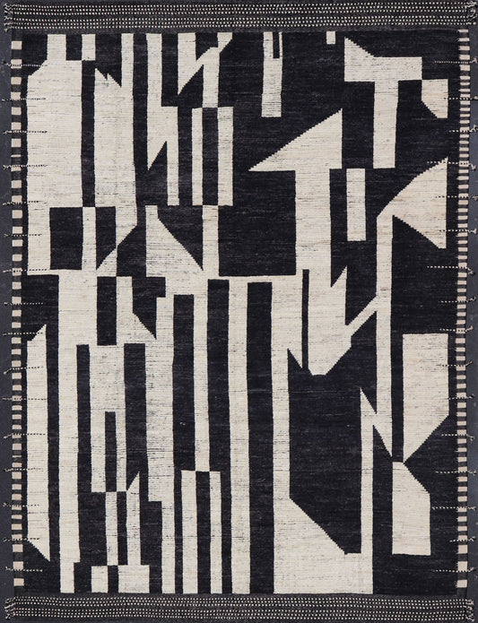 Ebony and Ivory Oversized Abstract Modern Casual This oversized modern casual was hand - knotted in Afghanistan. The field portrays an ivory background disrupted by flashes of ebony abstractions. The small simple border has a crafty ivory embr... - Keivan Woven ArtsAFG - 43436 - 20247Rug